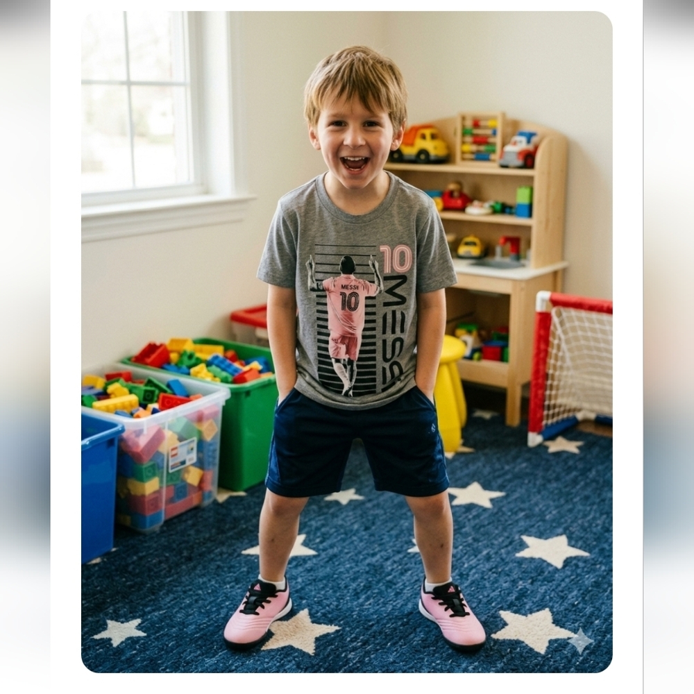 Kids Short Sleeve Graphic Tee in Gray and Pink - Messi 10